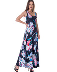 Womens Black Floral Print Scoop Neck A Line Sleeveless Maxi Dress