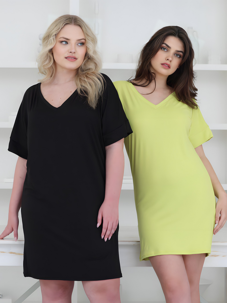Solid Color Loose Fit V Neck T Shirt Style Womens Knee Length Dress