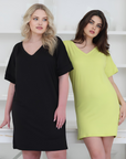 Solid Color Loose Fit V Neck T Shirt Style Womens Knee Length Dress