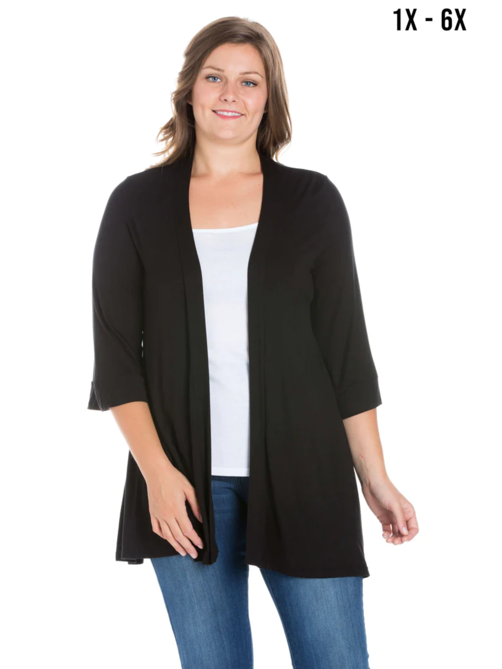 Elbow Length Sleeve Open Front Plus Size Cardigan