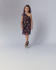 Girls Black Floral One Shoulder Ruffle Knee Length Dress