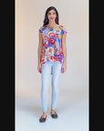 Multicolor Floral Short Sleeve High Low Tunic Top