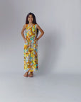 Girls Yellow Floral Print Sleeveless Maxi Dress